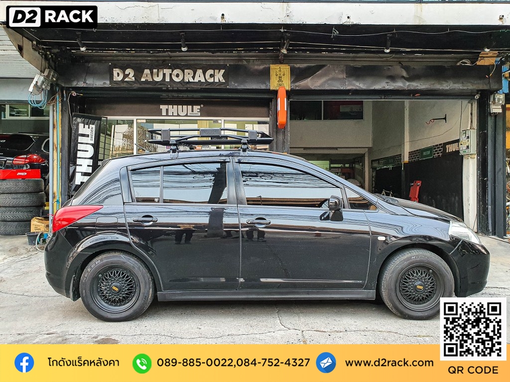 Nissan Tiida ติดตั้ง แร็คเก็บสัมภาระบนหลังคา VRK Roofrack รุ่น TRAY 001 100x120 cm