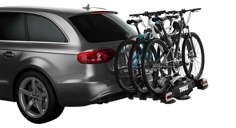 ที่แขวนจักรยานท้ายรถ thule velocompact 927 บรรทุกจักรยาน 3 คัน เป็นแบบฐานตั้ง เอาจักรยานวางบนฐาน ไม่แกว่งไปมา