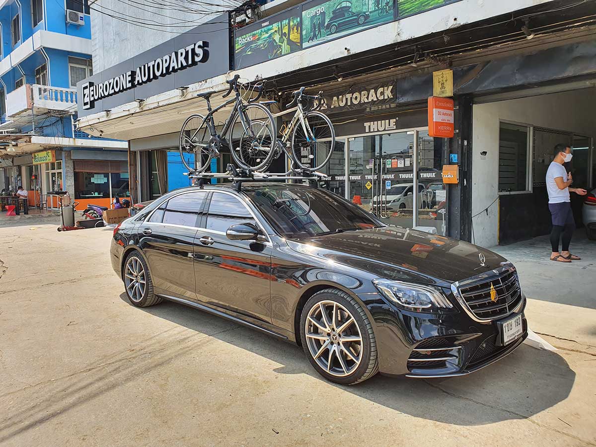 Benz S560 ติดตั้ง แร็คจักรยานบนหลังคา thule bikerack รุ่น Proride 598