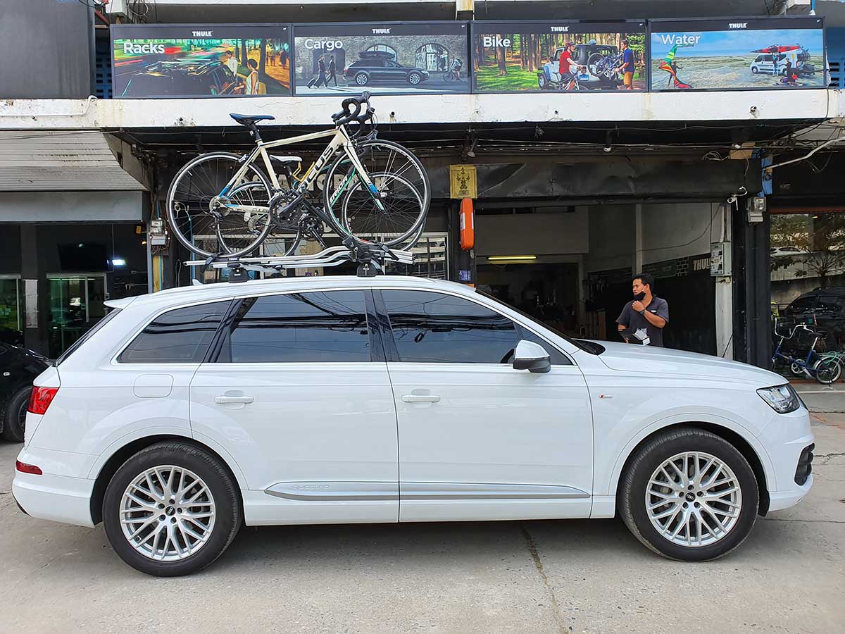 Audi Q7 ติดตั้ง แร็คจักรยานบนหลังคา thule bikerack รุ่น Proride 598