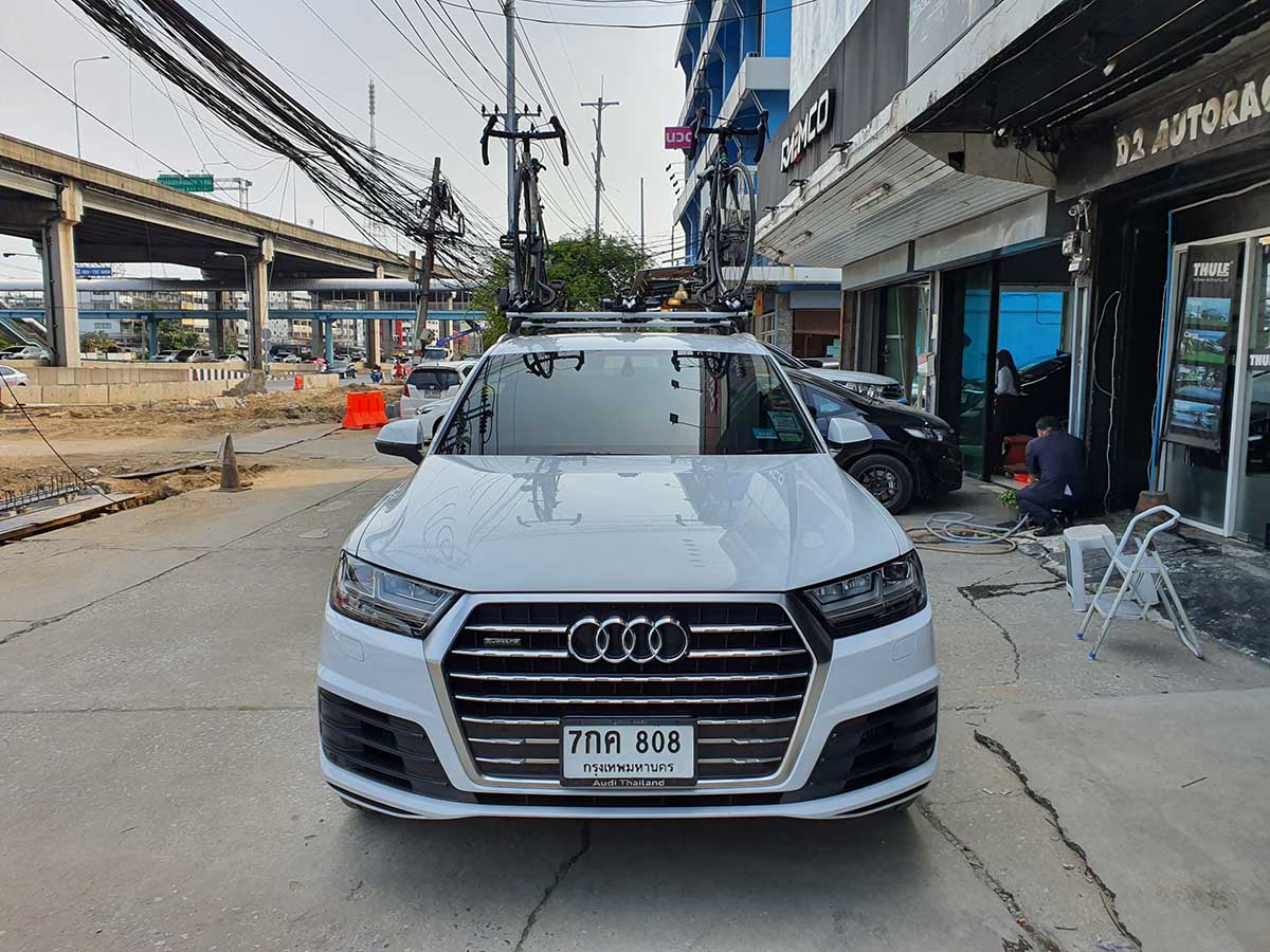 Audi Q7 ติดตั้ง ที่ใส่จักรยานบนหลังคา thule bikerack รุ่น Proride 598