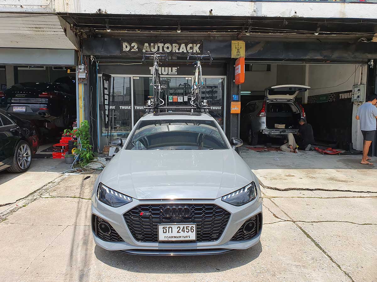 Audi RS4 ติดตั้ง แร็คจักรยานบนหลังคา thule bikerack รุ่น Proride 598