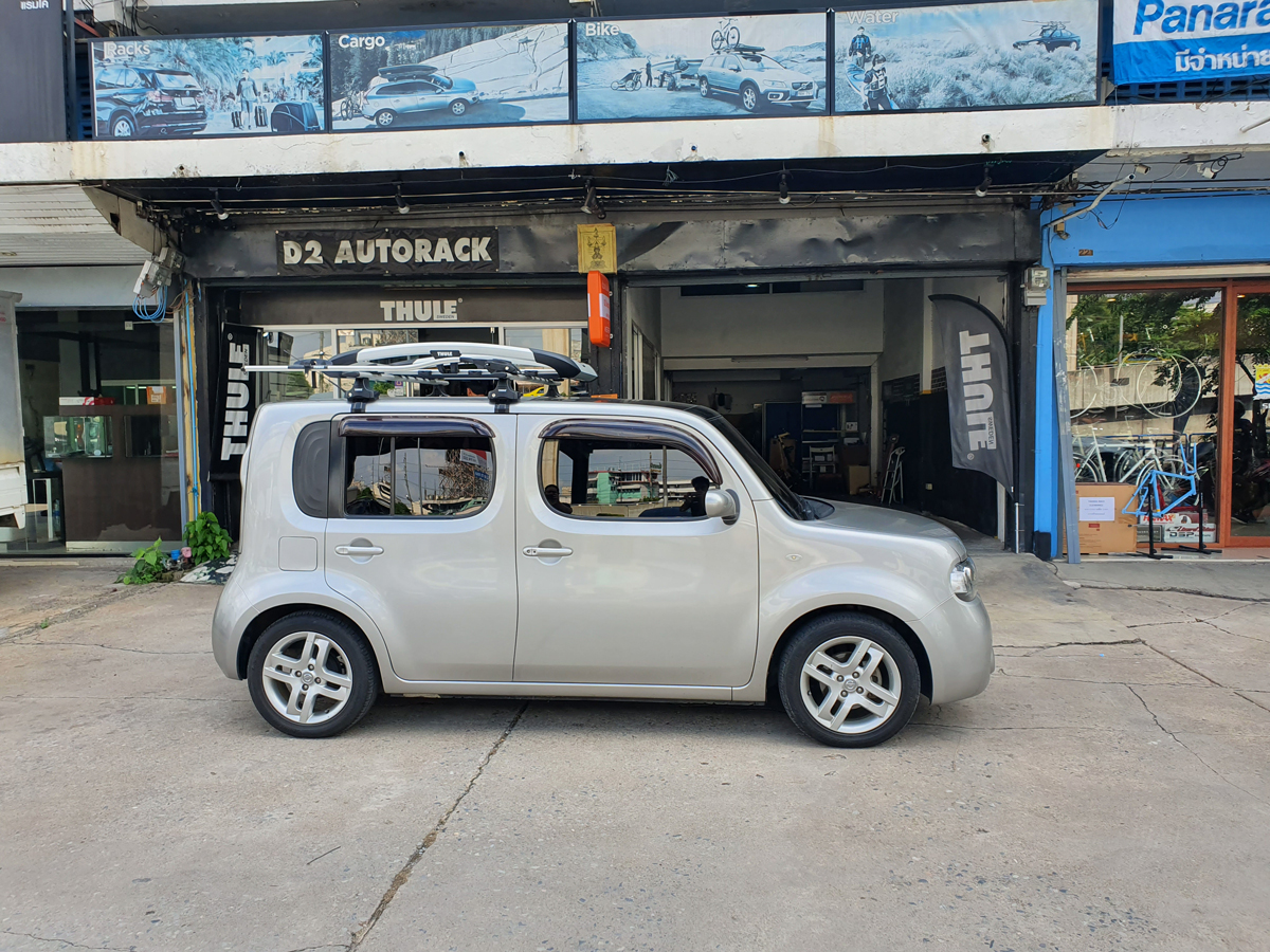 Nissan Cube ติดตั้ง แร็คหลังคารถเก๋ง THULE Roofrack รุ่น Trail-M 823 Silver Color