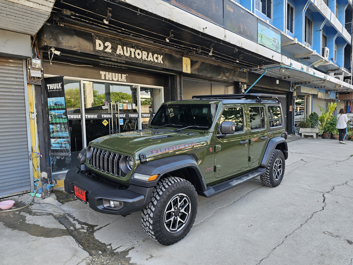 Jeep Rubicon ติดตั้ง แร็คหลังคา THULE Roofrack รุ่น Caprock Roof Platform Black Color