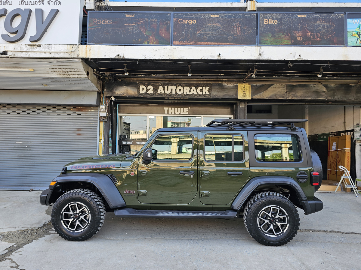 Jeep Rubicon ติดตั้ง แร็คหลังคารถเก๋ง THULE Roofrack รุ่น Caprock Roof Platform Black Color