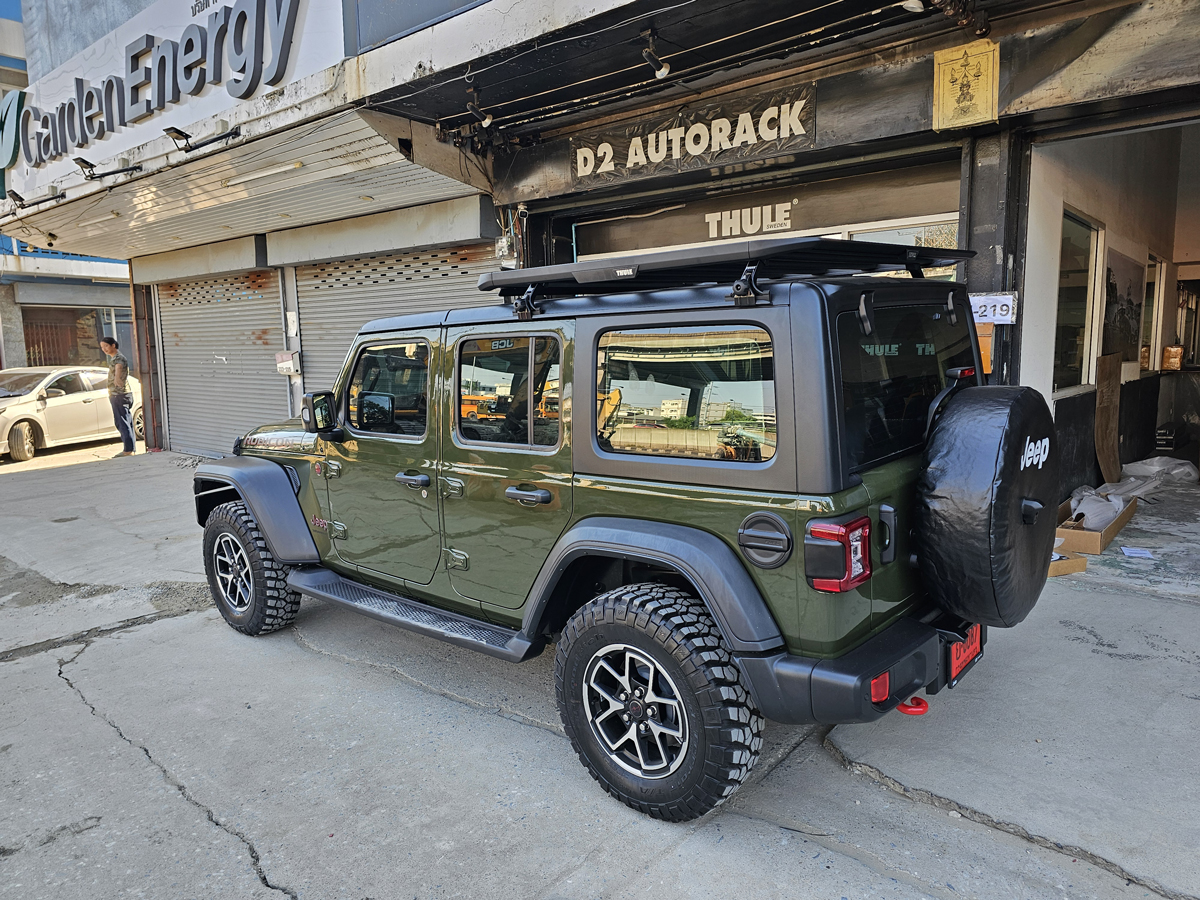 Jeep Rubicon ติดตั้ง แร็คหลังคามือสอง THULE Roofrack รุ่น Caprock Roof Platform Black Color