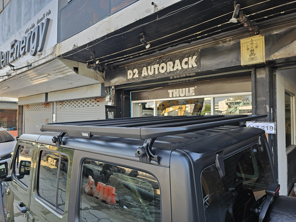 Jeep Rubicon ติดตั้ง ตะแกรงใส่ของบนหลังคา THULE Roofrack รุ่น Caprock Roof Platform Black Color